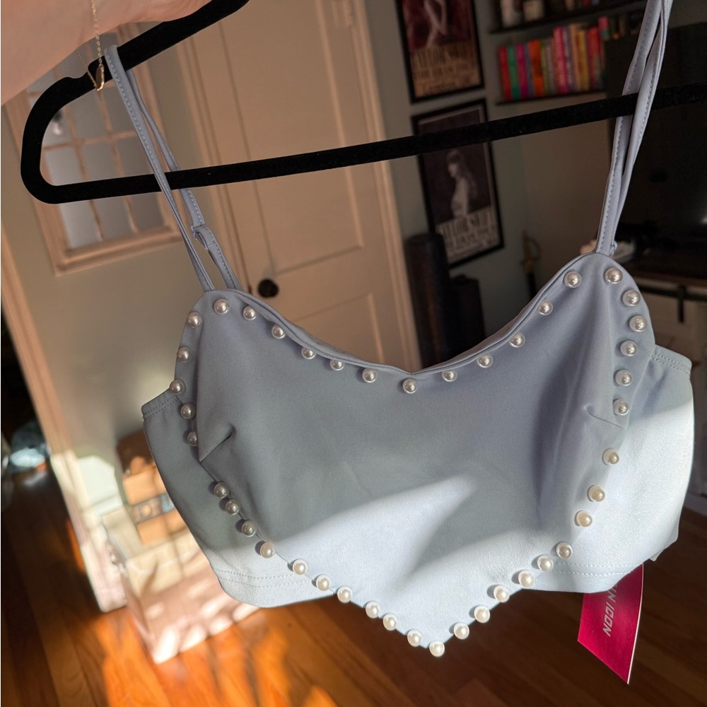 Light Blue Pearl Embellished Crop Top